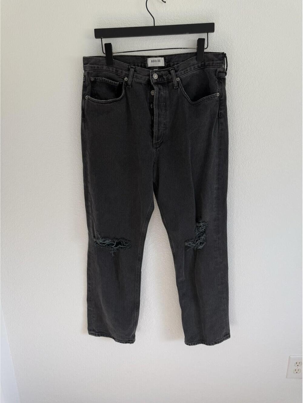 Agolde 90s Pinch Waist Jeans Sz 30 High-Rise Straight-Leg Distressed Black Goth - Picture 3 of 9